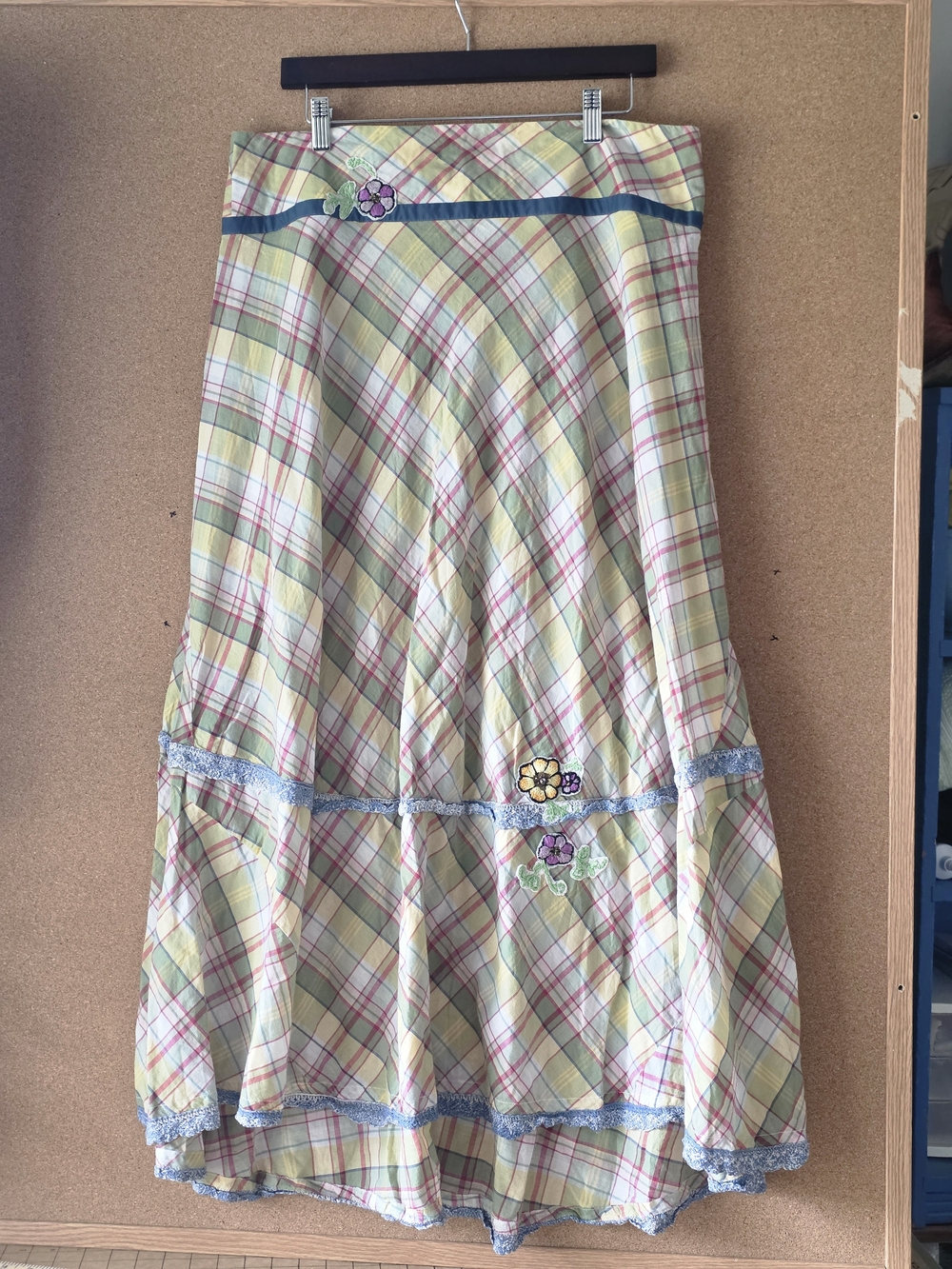Free People Embroidered Pastel Plaid Maxi Skirt – Size 12, Back Zip, India Made